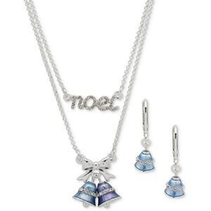 Anne Klein Silver-Tone 2-Pc Christmas Bell Noel Necklace & Drop Earrings Set NEW